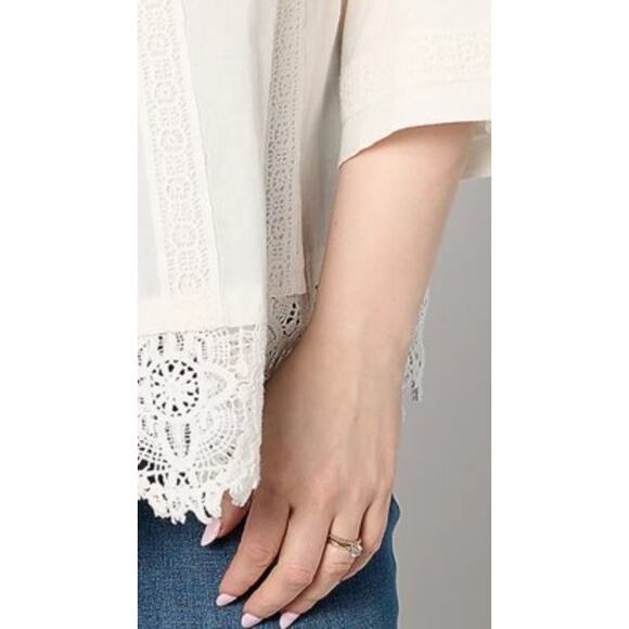 LOGO Lavish By Lori Goldstein Woven Button Front Top W/ Lace Trim Ivory 2X new - Picture 2 of 12